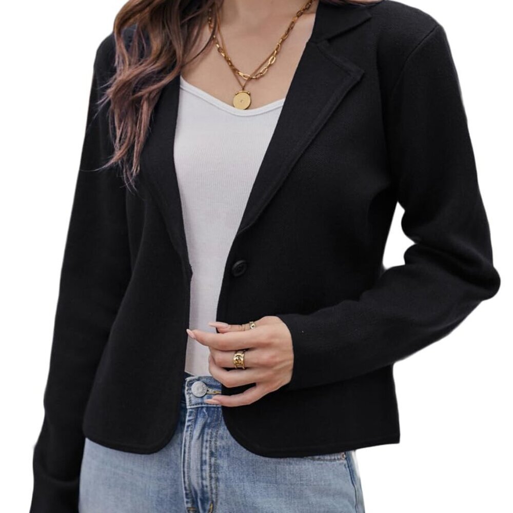 Cropped Knit Blazer Lightweight Button Front Chic Work Casual Cardigan Jacket